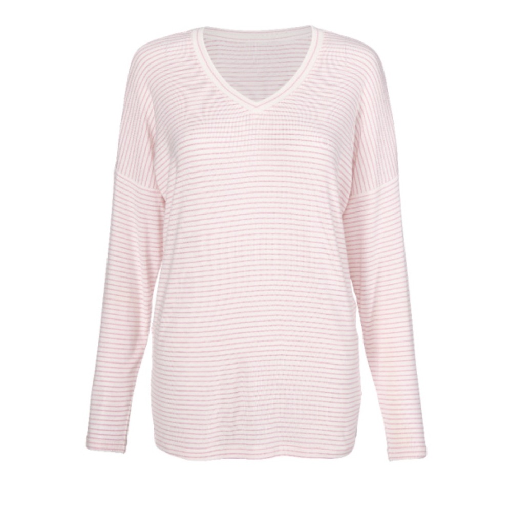 Cabi Serenity Tee in pastel pink and white/off-white stripes